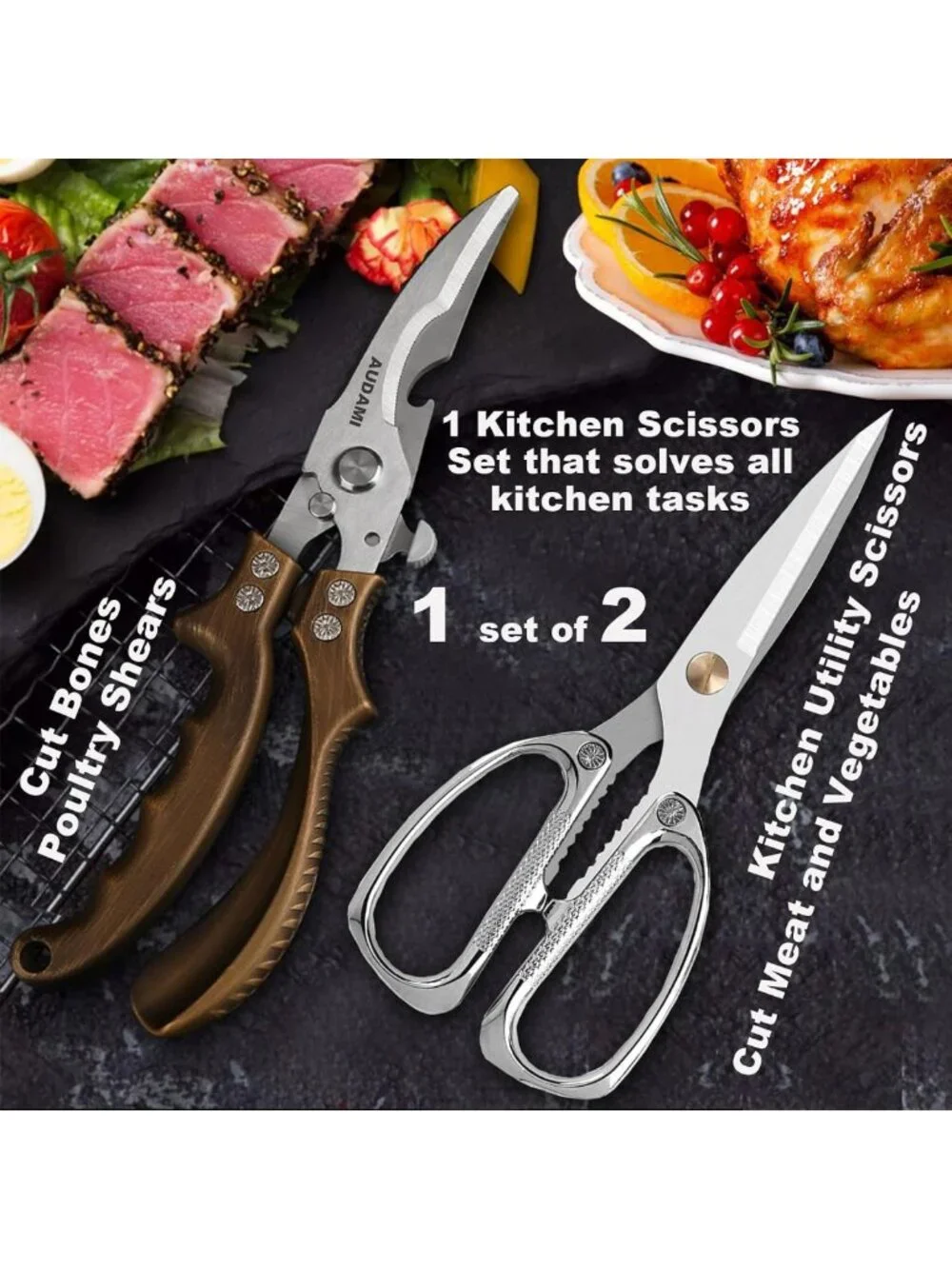 Heavy Duty Kitchen Scissors Set - Professional Stainless Steel Utility Shears